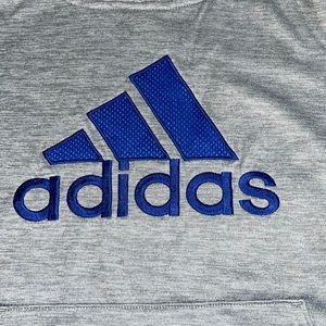 Light gray hoodie with blue Adidas logo